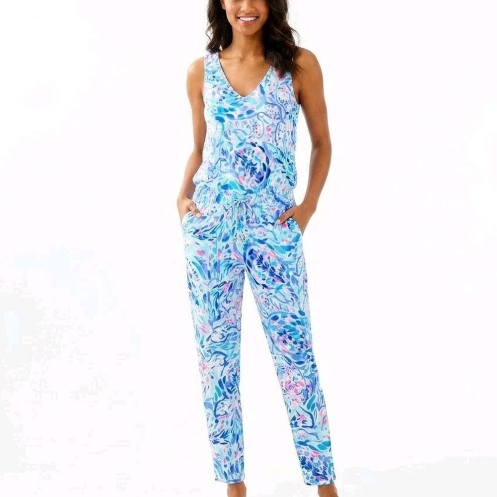 LILLY PULITZER Jumpsuit Paulina Breakwater Party Wave Blue/Pink Women M NEW $188
